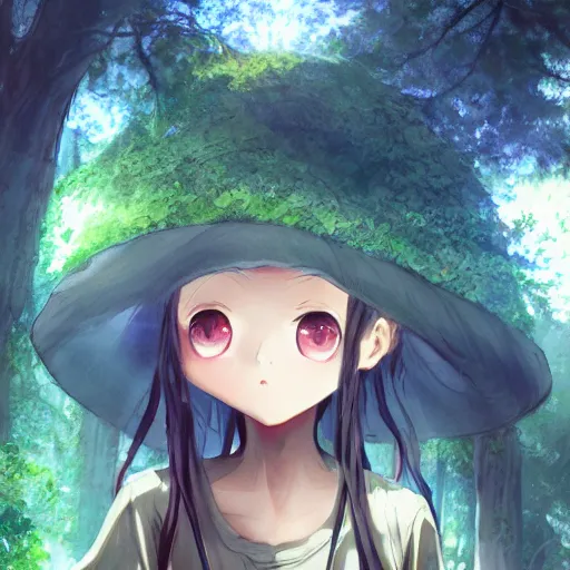 Image similar to a girl walking in a forest, a big eye in the sky is watching her, anime art, smooth, hd, smooth