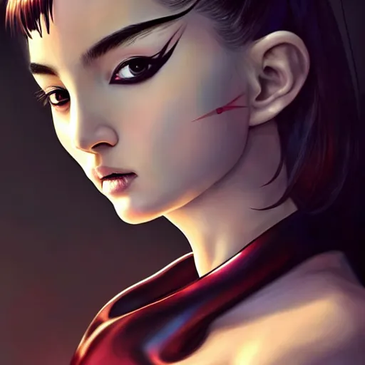 Image similar to a beautiful young japanese natalie portman alluring model in crop top, wearing a demonic latex mask that looks like an attractive succubus by guweiz and wlop and ilya kuvshinov and artgerm symmetrical eyes, aesthetic, gorgeous, stunning, attractive, artstation, deviantart, pinterest, digital art