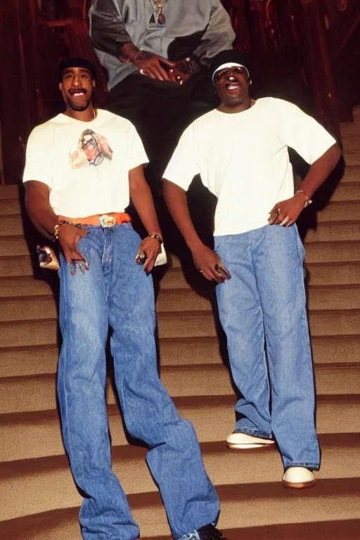 Image similar to Snapshot of smiling Tupac and Biggie on the staircase to Heaven