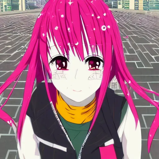 Prompt: anime girl with eccentric clothes, long spiky pink hair, cel - shading, 2 0 0 1 anime, flcl, jet set radio future, night time, entertainment district, japanese city at night, colorful buildings, lines of lights, christmas lights, rollerskaters, cel - shaded, jsrf, strong shadows, vivid hues, y 2 k aesthetic