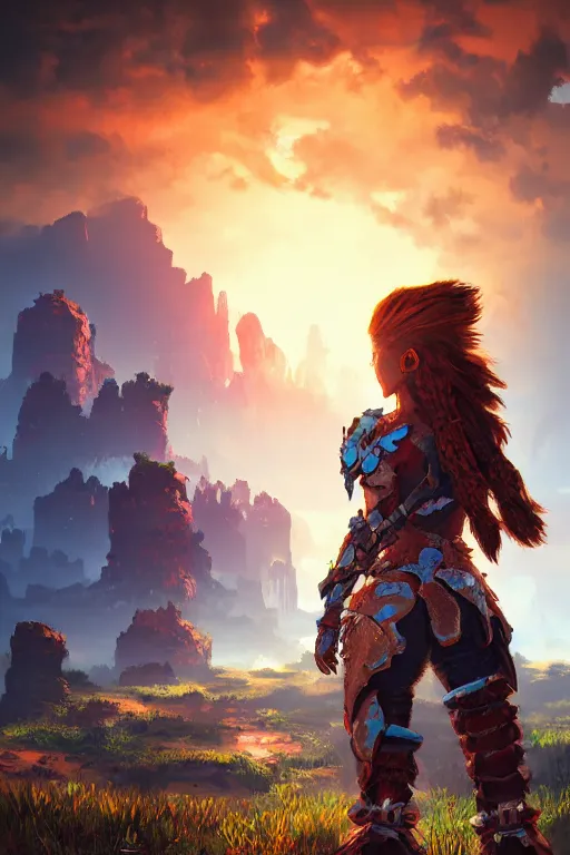 Image similar to combination suit armor aloy horizon forbidden west horizon zero dawn radiating a glowing aura global illumination ray tracing hdr fanart arstation by ian pesty and alena aenami artworks in 4 k tribal robot ninja mask helmet backpack