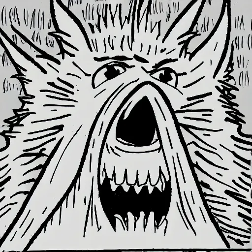 Image similar to evil creepy killer moomin with mouth open and several rows of pointy teeth, comic book style