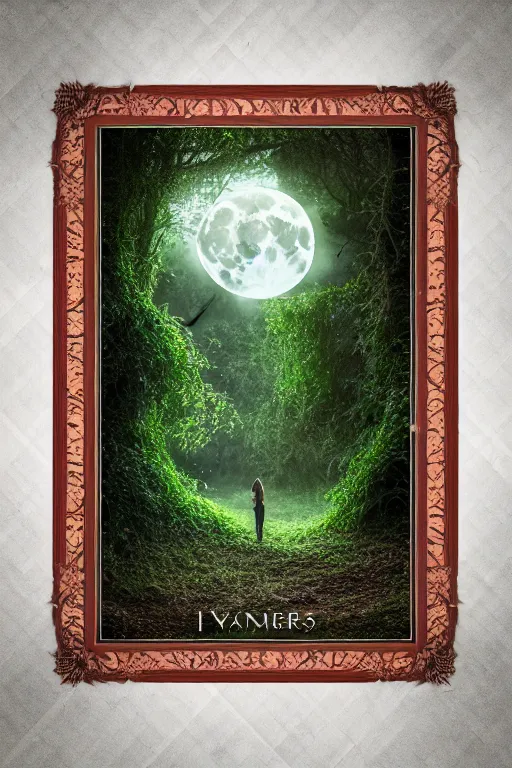 Image similar to book cover, frame border with ivy, high quality fantasy stock photo, unsplash transparent, forest and moon, intricate detail, elegant, hyper realistic, ultra detailed, octane render, volumetric cinematic lighting, 8 k post - production