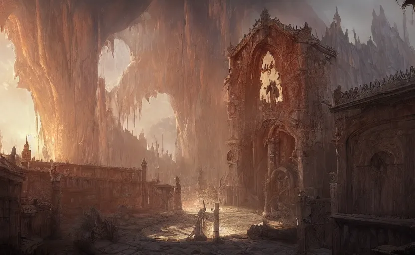 Image similar to a demonic magical ethereal portal to hell. in a medieval fantasy mediterranean town. matte painting by eddie mendoza and eytan _ zana