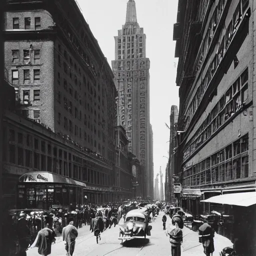 Image similar to new york city street at 1 9 3 0 s. low angle. old photo