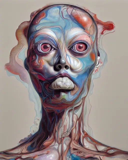 Prompt: strange surrealist, looming, biomorphic painting of a woman with large eyes, full body, pastel colours by james jean, charlie immer and jenny saville, fluid acrylic, airbrush art, timeless disturbing masterpiece