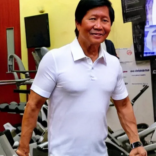 Prompt: bongbong marcos as gigachad flexing at the gym, muscular, on steroids,