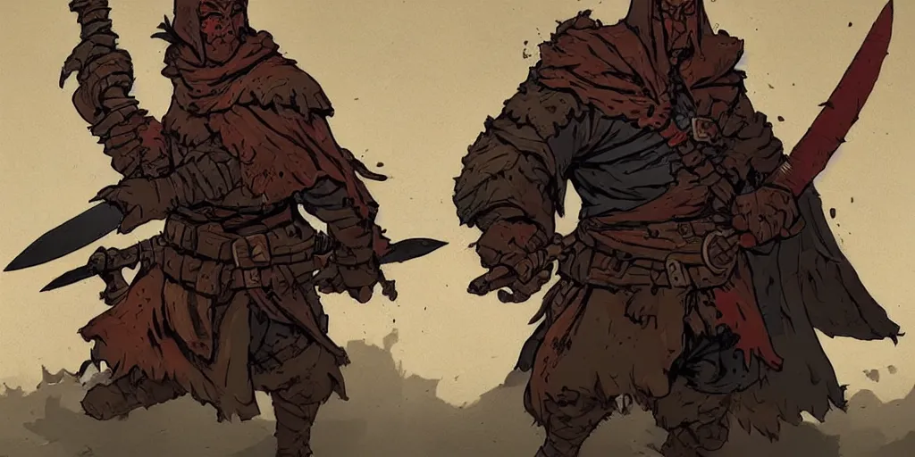 Image similar to warrior character design, idle, colored, sword, sprite, darkest dungeon, pc game, sideview, art by moebius and greg rutkowski.