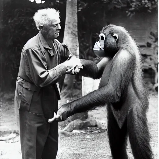 Prompt: 8 k, uhd, historical photos circa 1 9 4 7, smart orang utan professor meet richard feyman