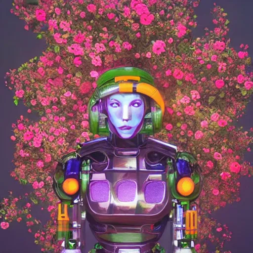 Prompt: colourful vfx art - portrait of army mecha robot wrapped in flowers & vines, art by utagawa kunisada & james jean, volumetric light, ray tracing, sharp, detailed, digital painting, illustration, highly detailed, intricate detail, unreal engine, octane render, global light, pinterest, behance, art station,