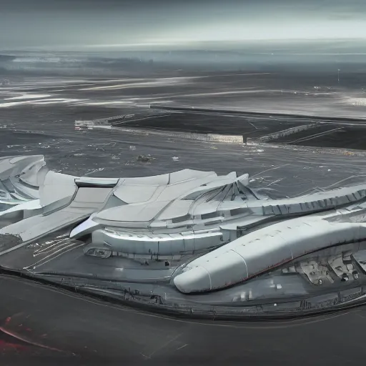 Image similar to view from above large sci-fi airport on the coronation of napoleon painting and digital billboard in the middle, unreal engine 5, keyshot, octane, artstation trending, ultra high detail, ultra realistic, cinematic, 8k, 16k, in style of zaha hadid, in style of nanospace Michael Menzelincev, in style of Lee SOUDER, in style of photogrammetry cloud, in plastic, dark, tilt shift,