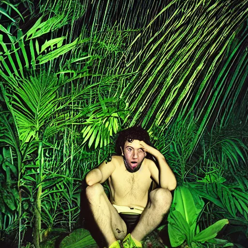 Image similar to portrait of a mad high guy on drugs in the middle of a blue jungle at night in rain photographed by Andrej Tarkovsky, kodak 5247 stock