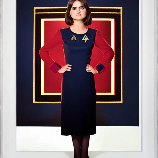 Image similar to a beautiful full body photograph of younger jenna coleman as a star fleet officer from star trek next generation, full dress uniform, symmetrical face, extreme realism and detail, 8 k, completely framed, direct lighting, 3 5 mm photo, photorealistic, sharp focus