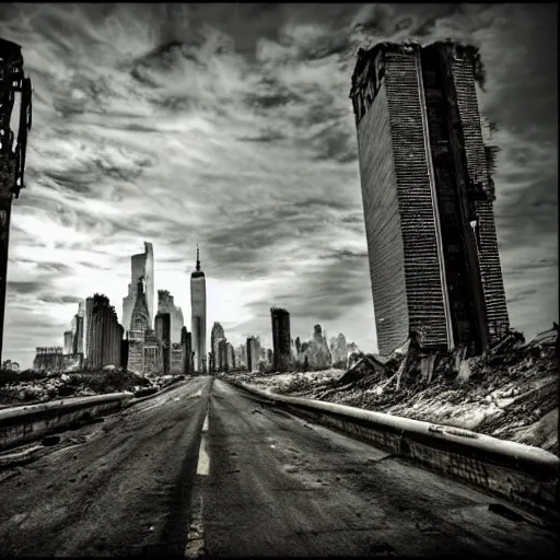 Image similar to new york abandoned, post apocalyptic, damage road