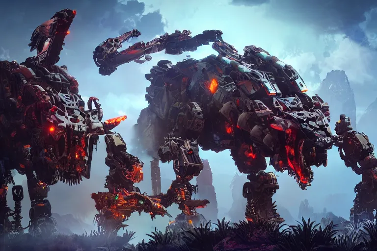 Image similar to behemoth machine mecha animal beast robot of horizon forbidden west horizon zero dawn bioluminiscence global illumination ray tracing hdr fanart arstation by sung choi and eric pfeiffer and gabriel garza and casper konefal