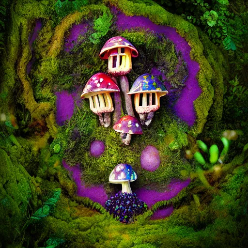 Prompt: Mushroom house, fairy, magical, mystical, psychedelic, realism, realistic, macrophotography, aerial veiw, 4k