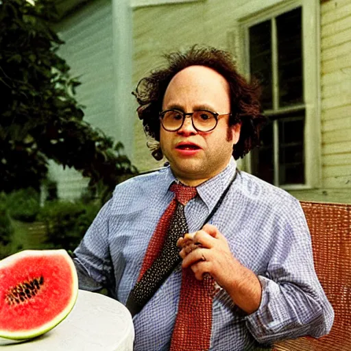 Image similar to “Frank Reynolds (from It's Always Sunny In Philadelphia) as the US President eating a watermelon, informal journalistic style photo by Steve McCurry”