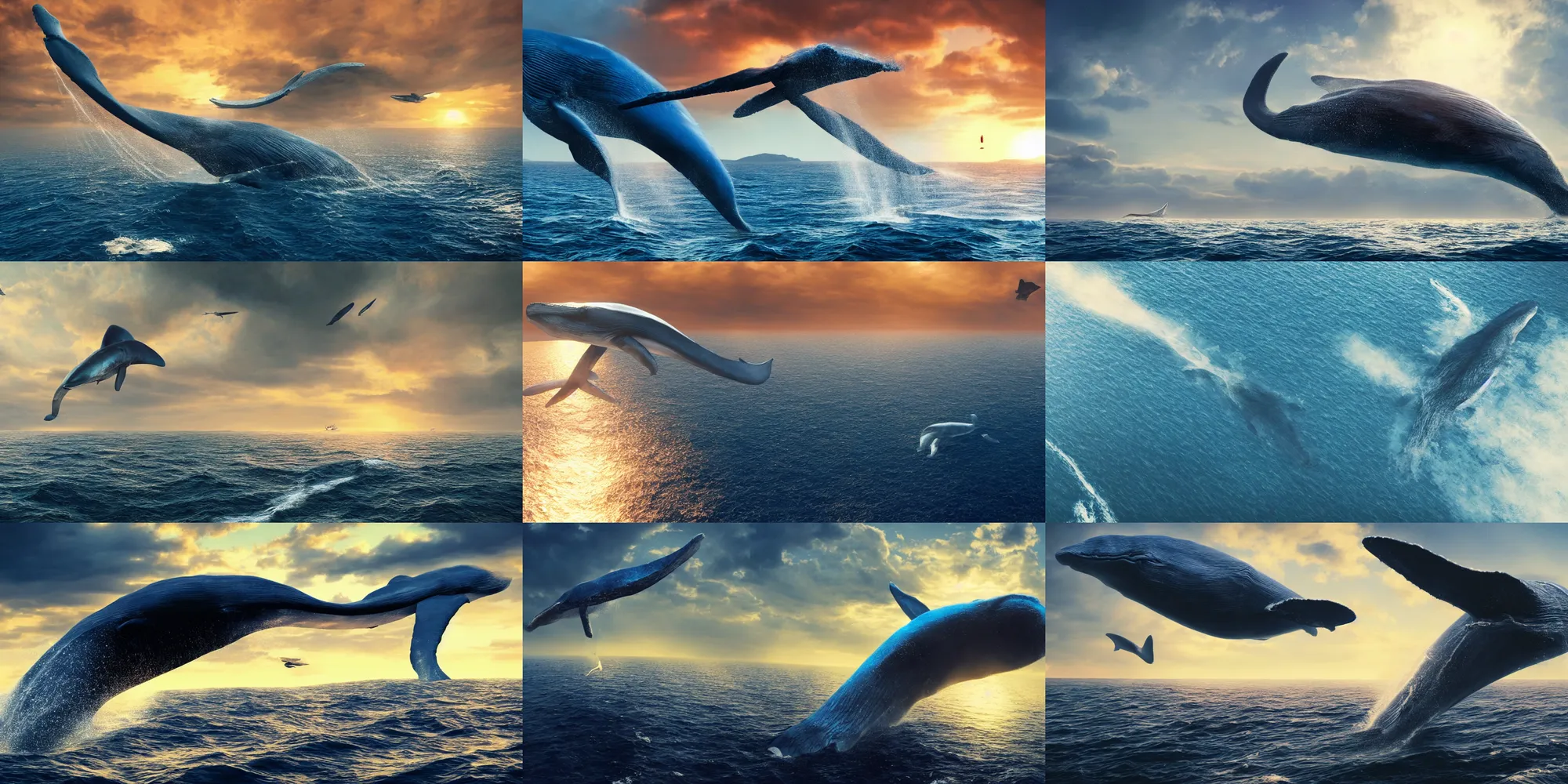 Prompt: a huge blue whale is flying above the ocean, epic, cinematic shot, golden hour, artstation, atmosphere, high definition