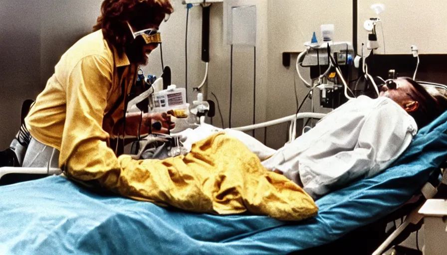 Image similar to 70s movie still of a man wearing gold mask in hospital, eastmancolor, heavy grain, high quality, higly detailed, liminal space