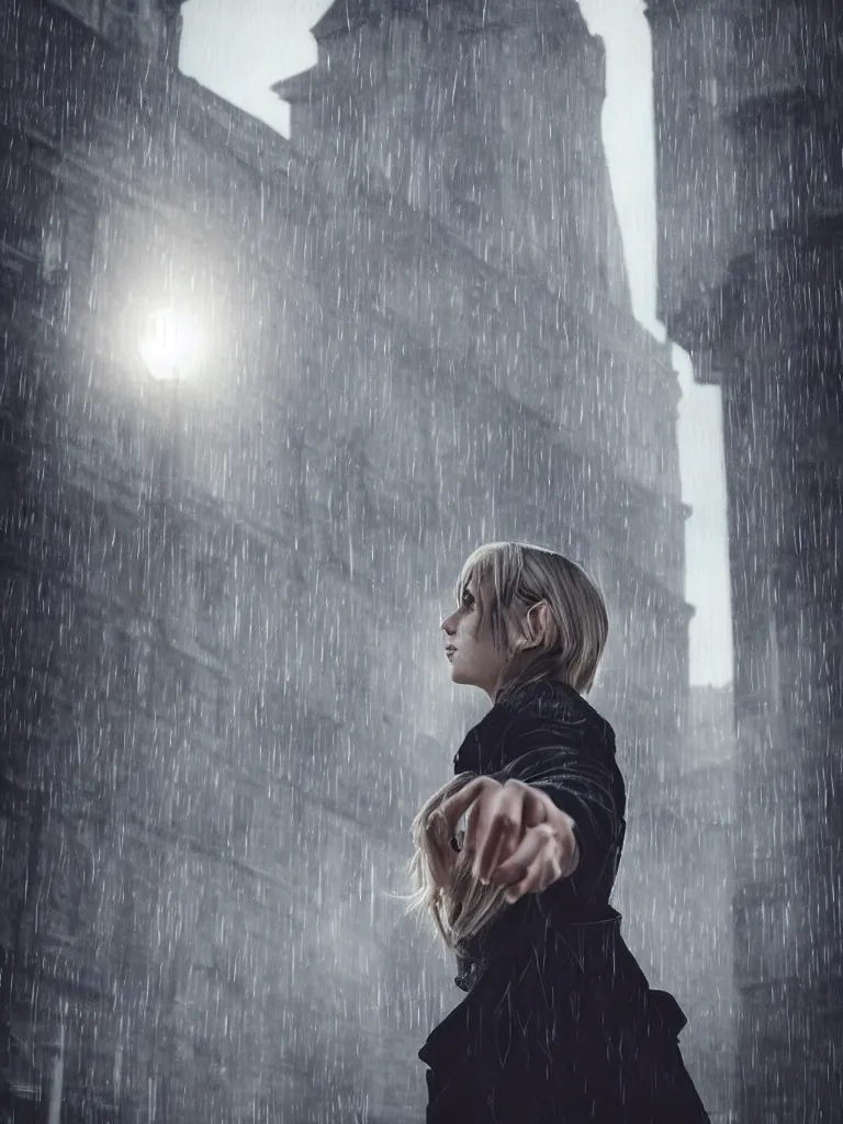 Image similar to cute annie leonhart taking a selfie in dunwall city, beautiful face, detailed face, natural lighting, rainy weather, volumetric light, gothic architecture, natural reflections, model agency, instagram photo, depression atmosphere, shot on iphone 1 3 pro, natural beauty, postprocessing