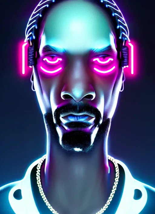 Image similar to portrait of snoop dog cyber humanoid, intricate, elegant, cyber neon lights, highly detailed, digital painting, artstation, glamor pose, concept art, smooth, sharp focus, illustration, art by artgerm and greg rutkowski