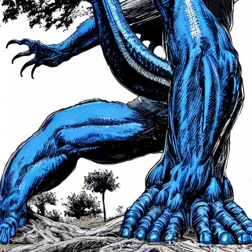 Image similar to blue by neal adams evocative, somber. a computer art of a large, looming creature with a long, snake body. many large, sharp teeth, & eyes glow. wrapped around a large tree, bent under the weight. small figure in foreground, a sword, dwarfed by the size of the creature.