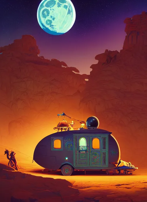 Image similar to gypsy caravan by paolo eleuteri serpieri and tomer hanuka and chesley bonestell and daniel merriam and tomokazu matsuyama, unreal engine, high resolution render, featured on artstation, octane, 8 k, highly intricate details, vivid colors, planets, moon, stars