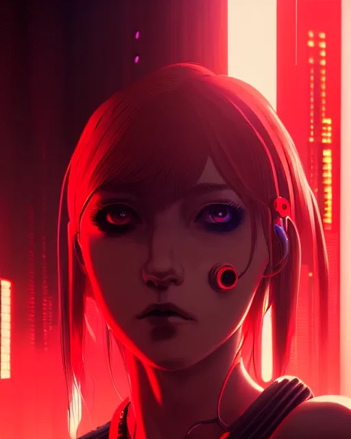 Image similar to a detailed potrait of a cyberpunk cyborg girl with black and red parts, perfect face, realistic shaded perfect face, detailed. night setting. very anime style. realistic shaded lighting poster by ilya kuvshinov katsuhiro, unreal engine, global illumination, radiant light, detailed and intricate environment