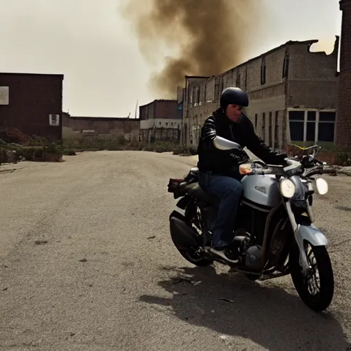 Prompt: roger deakins cinematography of a motorcycle driving through ruined streets set ablaze