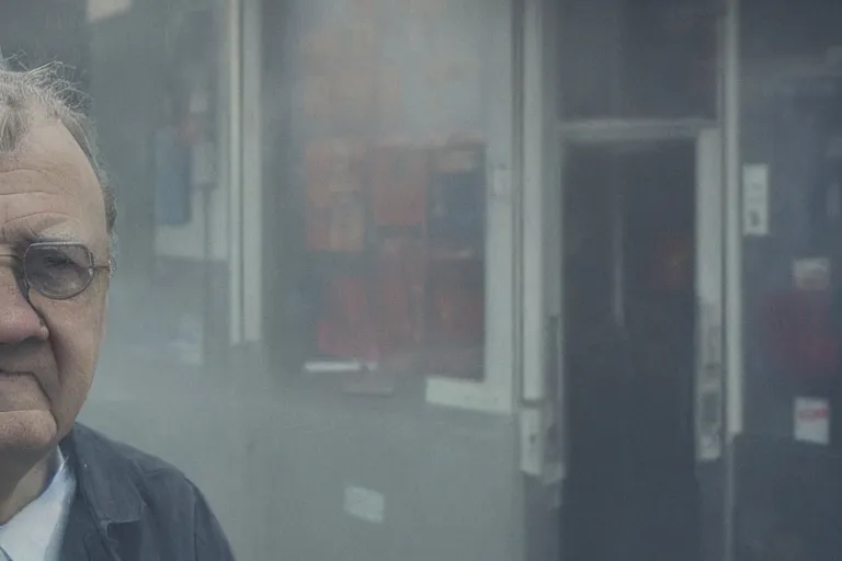 Image similar to an ultra realistic colour cinematic headshot portrait of an evil scientist, stood outside a corner shop, foggy, colour, detailed, deep focus, movie still, dramatic lighting, by fay godwin