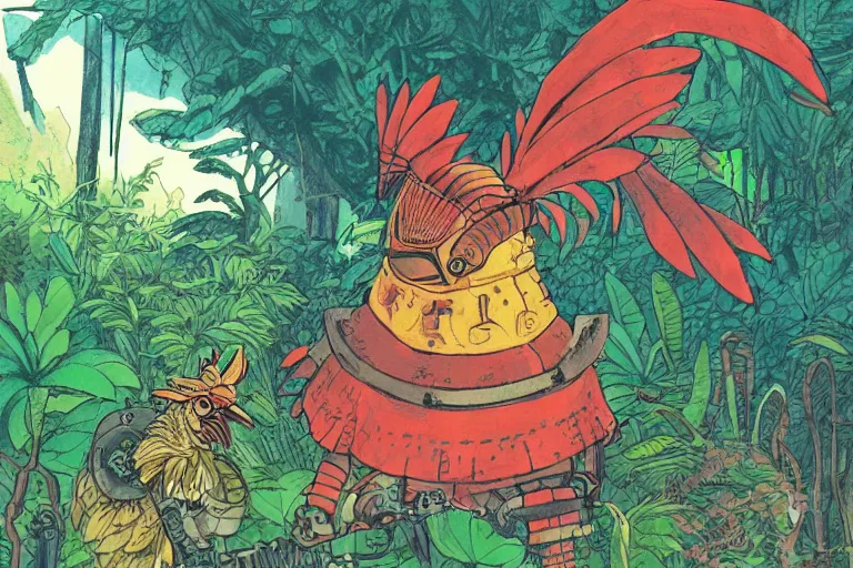 Prompt: illustration of a heavily armoured mechanical rooster in a jungle, by studio ghibli, tarot card, ominous, livid colors, colorful