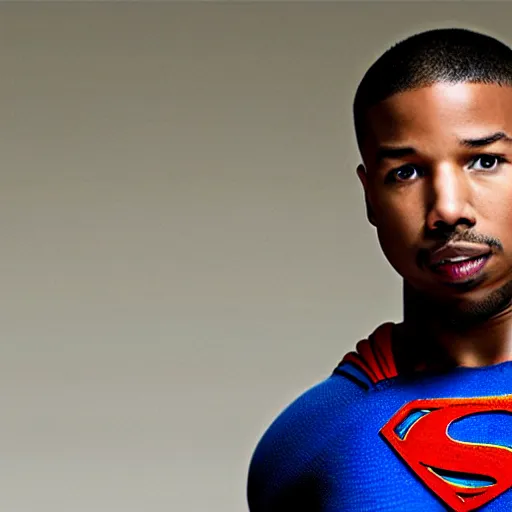 Image similar to michael b jordan as superman. realistic. high detail.