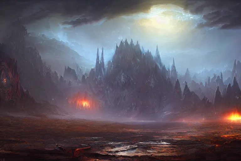 Image similar to Aztec primordial chaos fantasy landscape with sinister glows by Jessica Rossier and HR Giger