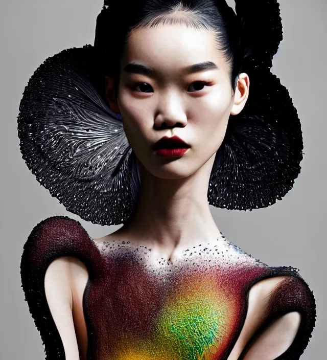 Image similar to photography american portrait of stunning model ming xi. great hair style,, half in shadow, natural pose, natural lighing, rim lighting, wearing an ornate stunning sophistical fluid cloth created by iris van herpen, with a colorfull makeup by benjamin puckey, highly detailed, skin grain detail, photography by paolo roversi