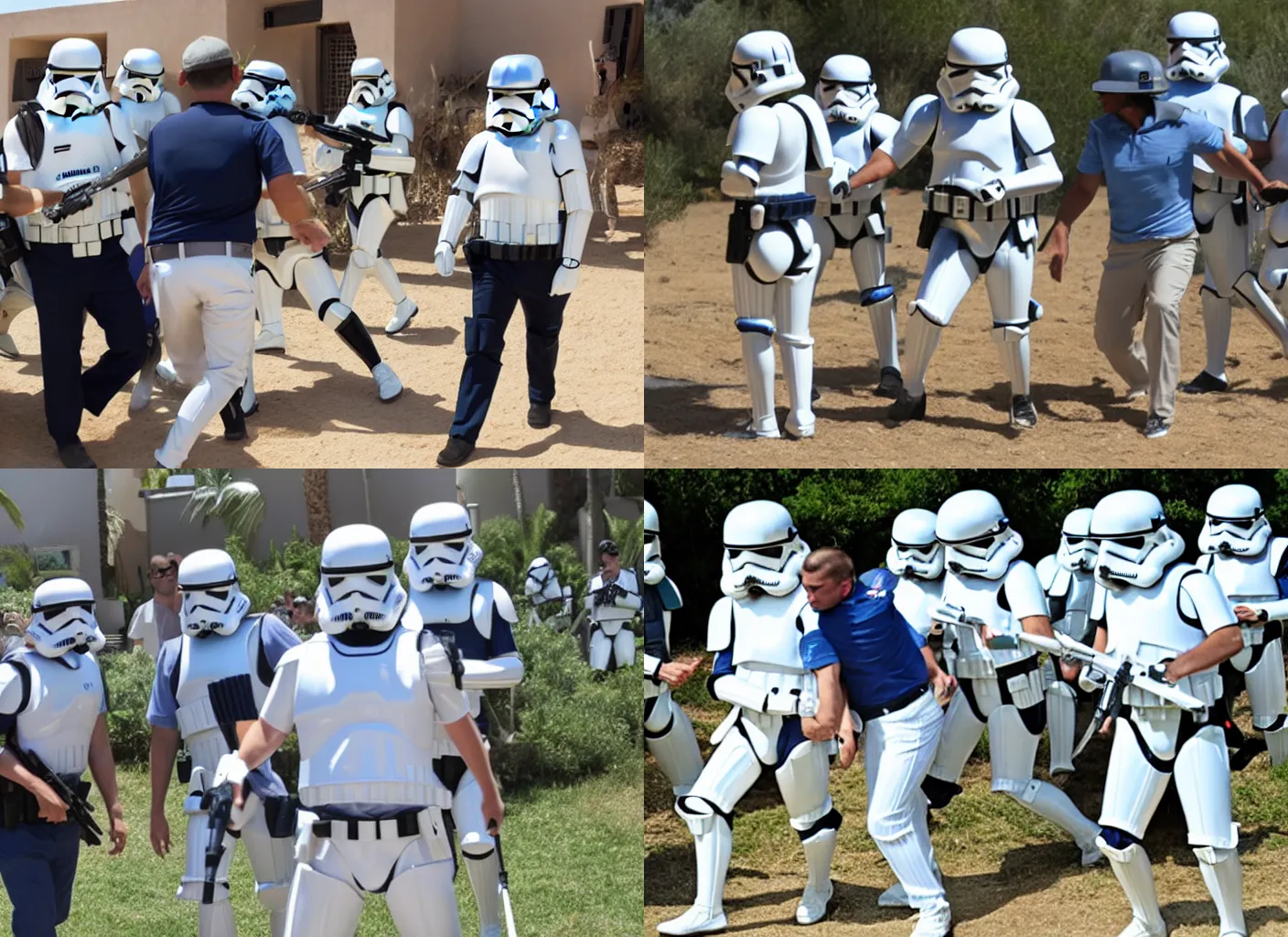 Prompt: man wearing a pastel blue golf shirt, navy blue shorts, white baseball hat, being arrested by stormtroopers from star wars in tatooine village