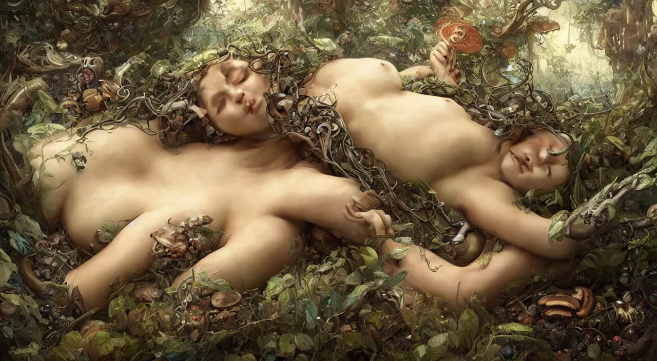 Image similar to a bio - mechanical pretty sleeping giant woman with mushrooms as camouflage highly detailed, cinematic, perfect face, cyberpunk, fine details, studio lighting, subtle shadows, art by stephen bliss, unreal engine, fantasy art by greg rutkowski, tom bagshaw, alphonse mucha, detailed and intricate environment, photo - realism, hyper realism, octane render