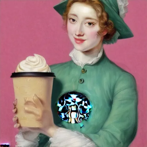 Image similar to eavenly summer sharp land sphere scallop well dressed lady holding a starbucks coffee, auslese, by peter paul rubens and eugene delacroix and karol bak, hyperrealism, digital illustration, fauvist, starbucks coffee, green coffee logo
