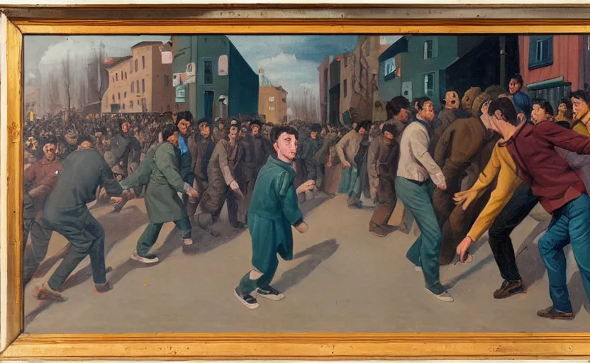 Prompt: ernst ludwig painting of a frightened young man in a street surrounded by people who have no eyes. people are starting at crt televisions on the corner s 1 5 0