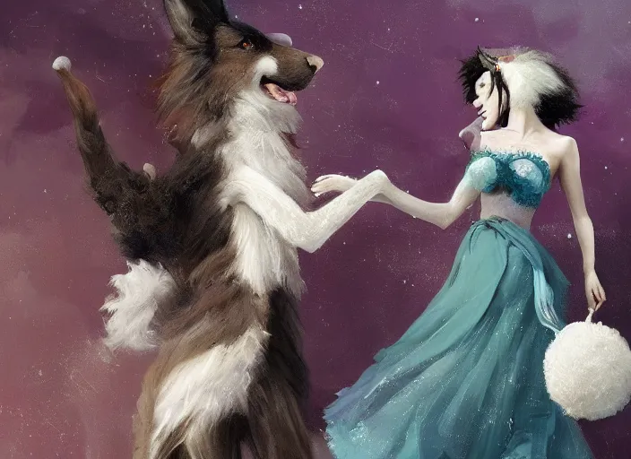 Image similar to wide shot painting of a male anthropomorphic border collie fursona dancing with a cute female anthropomorphic sheep fursona in a ballroom, beautiful, intricate, elegant, realistic proportions, highly detailed, scenic background, trending on artstation, art by charlie bowater and henry asencio and and ross tran