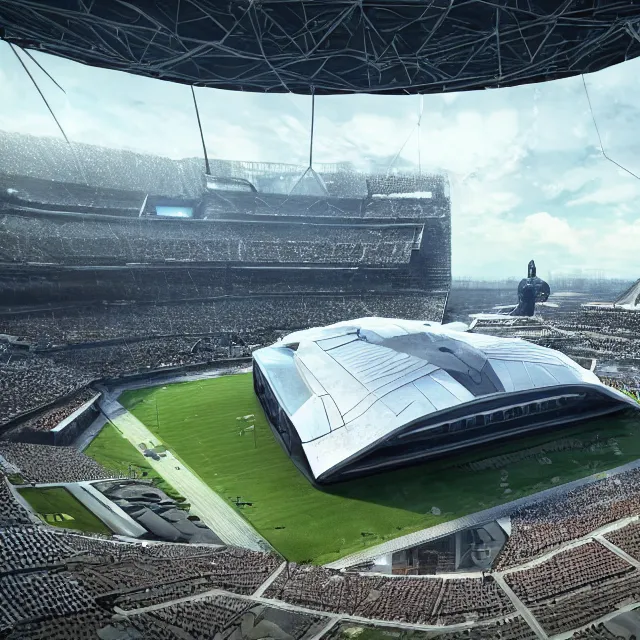 Image similar to a futuristic stadium with a giant metal gear on the field, the stadium has a full crowd, unreal engine, hyper realism, realistic shading, cinematic composition, realistic render, octane render, detailed textures, photorealistic, wide shot