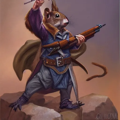 Prompt: a dnd character, a squirrel wizard holding a gun, by Alex horley