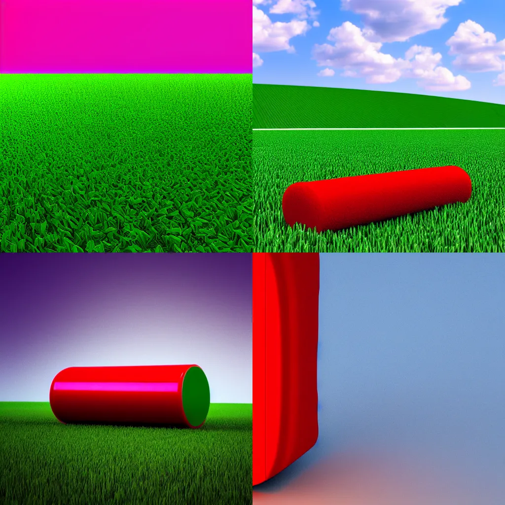 Prompt: A red cylinder rolling on white cubes in a green field, 3d render