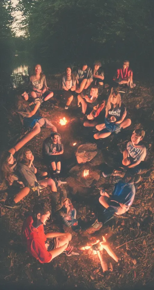 Prompt: polaroid photo of 9 0's highschool teenagers camping in the woods by a river, sunset, campfire, realistic, grainy image, iso 1 6 0 0