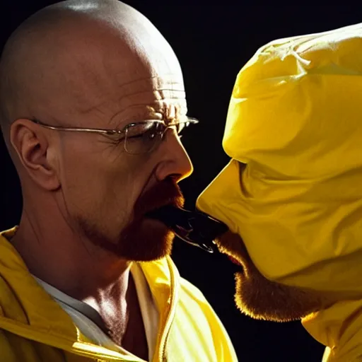 Prompt: side angle of walter white passionately kissing jesse pinkman on the mouth, yellow backdrop