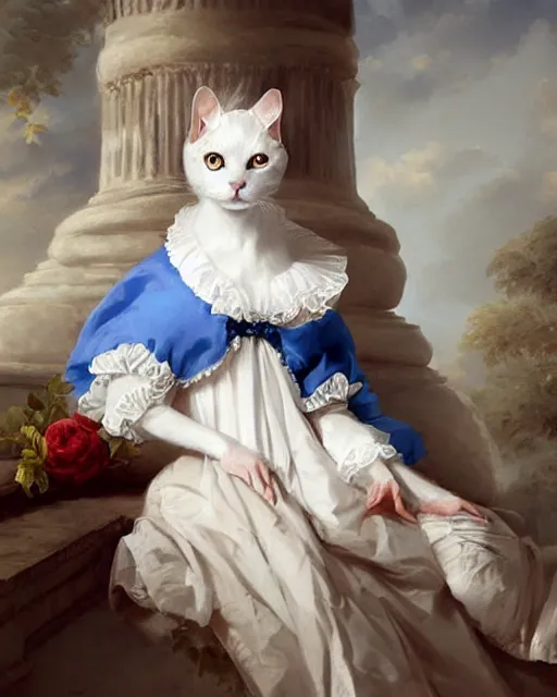 Image similar to cute white cat with blue eyes wearing frilly dress, baroque rococo fashion, royal portrait, elegant, regal, joseph ducreux, greg rutkowski