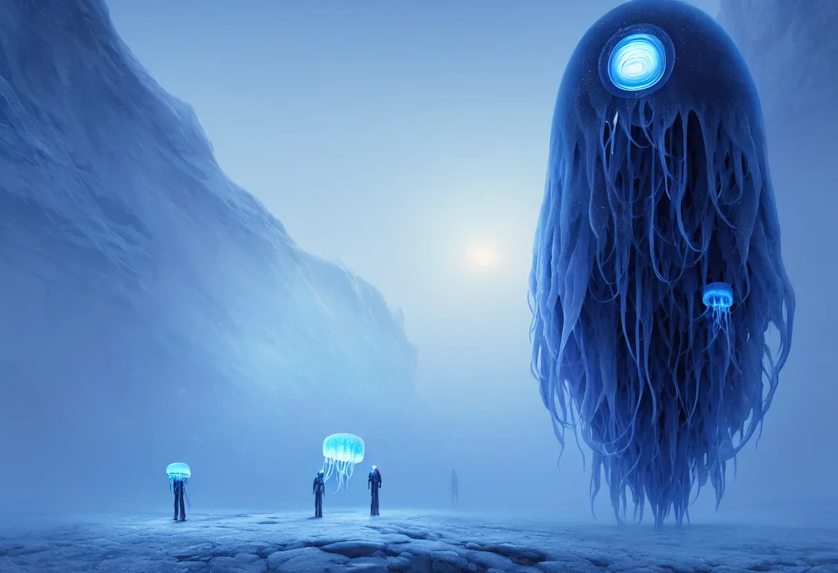 Image similar to strange blue illuminated alien jellyfish emerging from surface of another frozen winter planet at sunset, ultra high definition, ultra detailed, symmetry, fog, matte painting, by greg rutkowski and ross tran and wlop