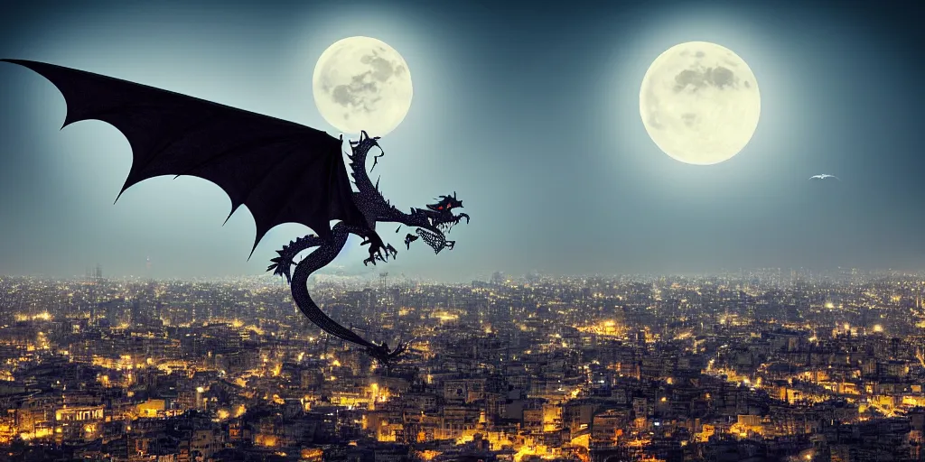 Image similar to a big dragon flying in tehran skyline in a winter night, a full moon in the sky,, concept art dramatic lighting, ultra hd,