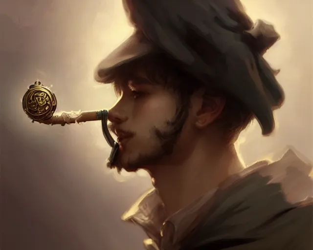 Prompt: cute young shadow mage male, smoking a pipe, shrouded face, deep focus, d & d, fantasy, intricate, elegant, highly detailed, digital painting, artstation, concept art, matte, sharp focus, illustration, hearthstone, art by artgerm and greg rutkowski and alphonse mucha