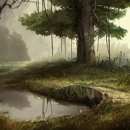 Image similar to concept art of abandoned skull, trees, puddles of water, bushes and leafs, by filip hoda