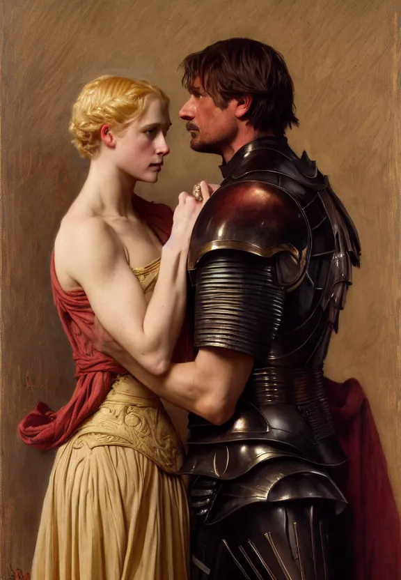 Image similar to attractive handsome fully clothed jaime lannister confesses his love for attractive fully armored brienne of tarth. centered composition. highly detailed painting by gaston bussiere and j. c. leyendecker and william adolphe bouguereau and fra angelico and octane render, musee d'orsay 8 k